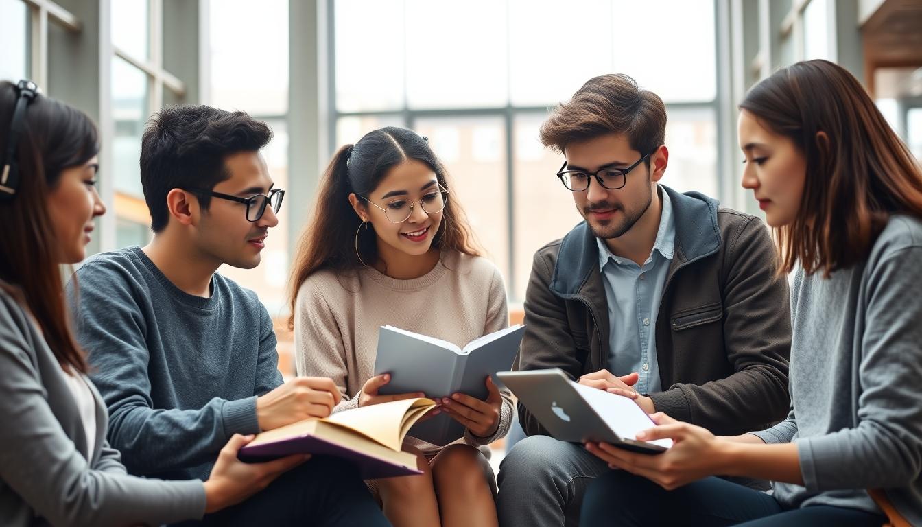 Students studying together in modern classroom